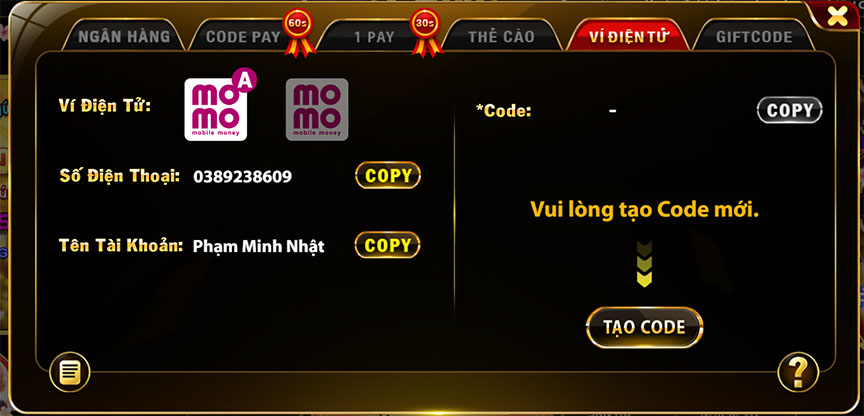 Nạp tiền Go88 bằng Momo