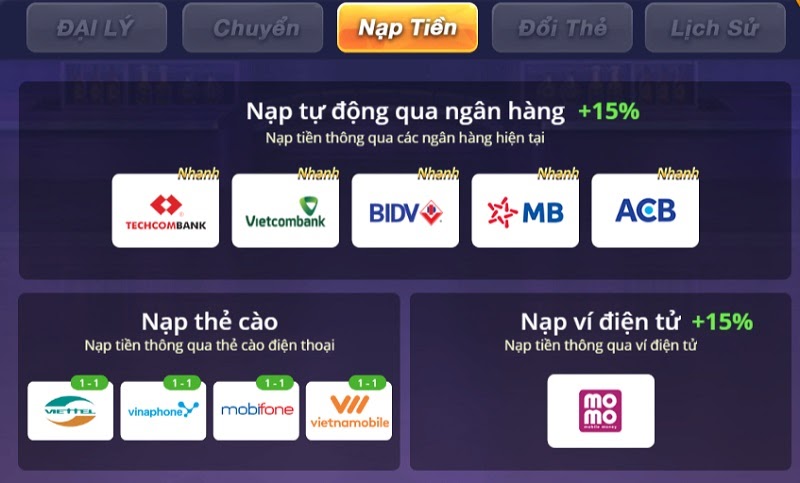 Đa dạng các phương thức nạp tiền tiện lợi cho người chơi