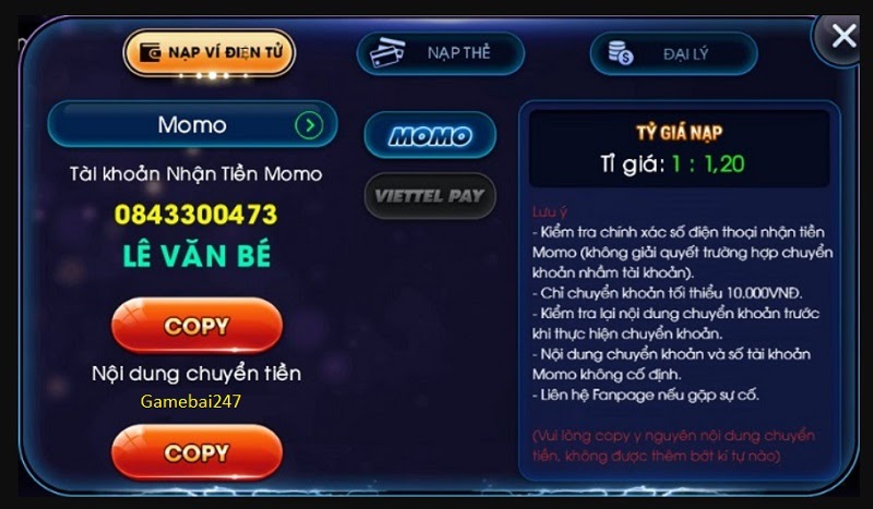 Giao diện nạp tiền siêu tốc của cổng game Bich88