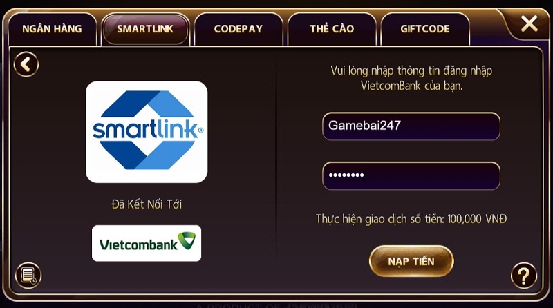 Nạp tiền nhanh chóng qua Smartlink của cổng game Macau Club 