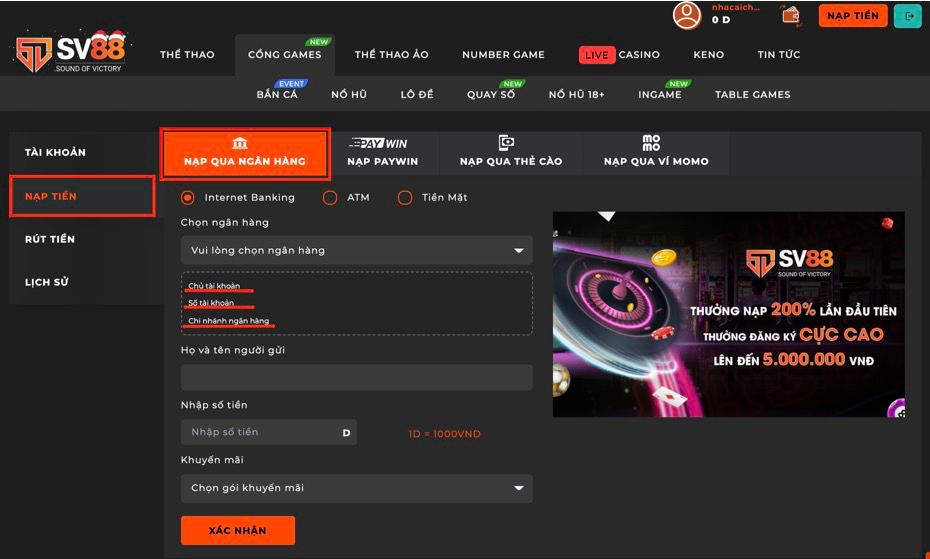 Hướng dẫn nạp rút tiền Bắn Cá SV88