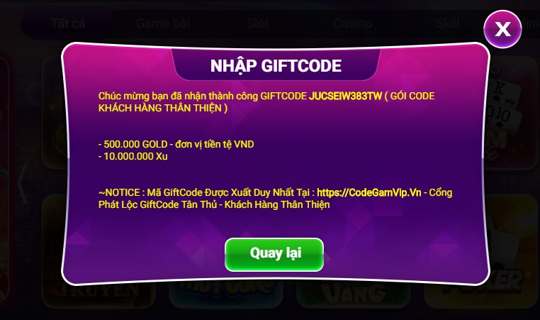 Làn mưa Gift Code GamVip không giới hạn giá trị