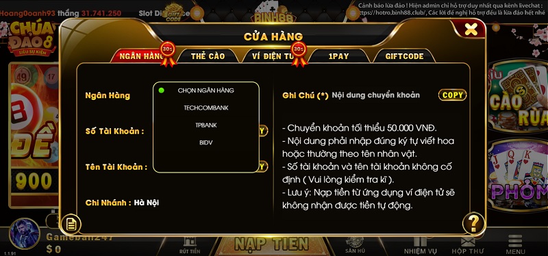 Thanh toán nhanh chóng hơn với các phương thức của cổng game Binh88 Club