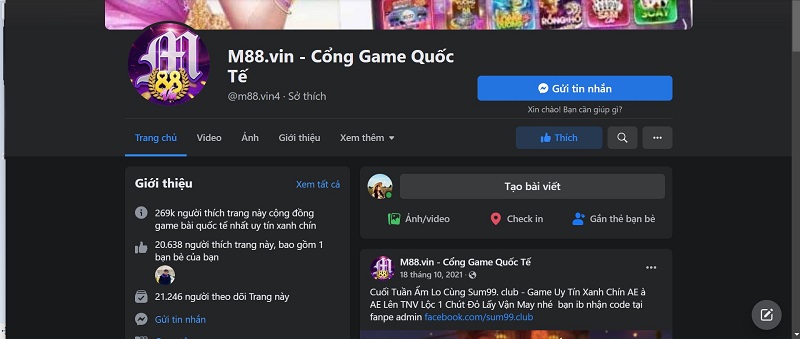 Truy cập vào Fanpage của M88vin để được hỗ trợ các dịch vụ tốt nhất